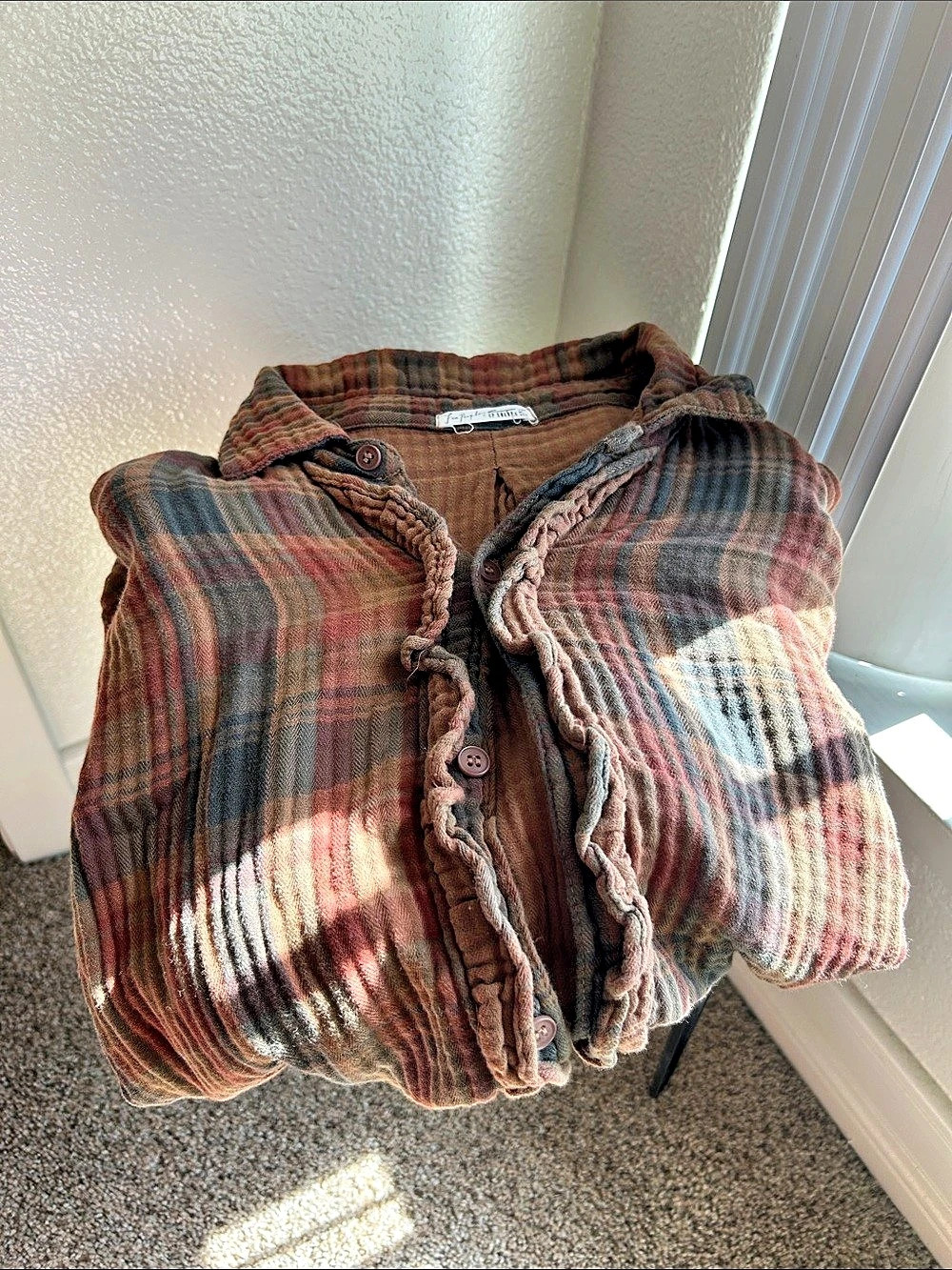 Free People x CP Shades Ruffle Plaid Shirt Brown & Blue - Picture 2 of 6